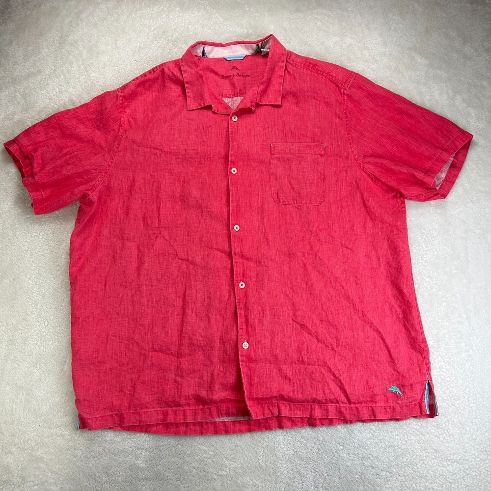 Tommy Bahama Button-Up Shirt Mens 2XL Red Linen Short Sleeve Embroidered Logo